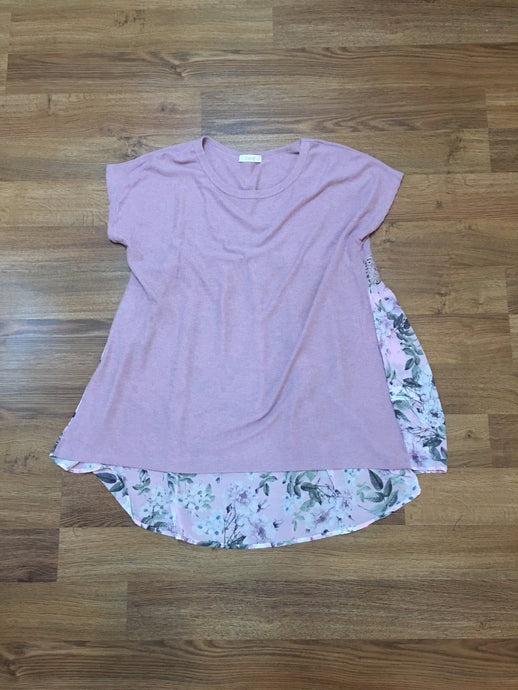 Rib knot top/ floral chiffon back& crochet trim