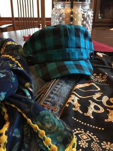 Teal and black checked hat